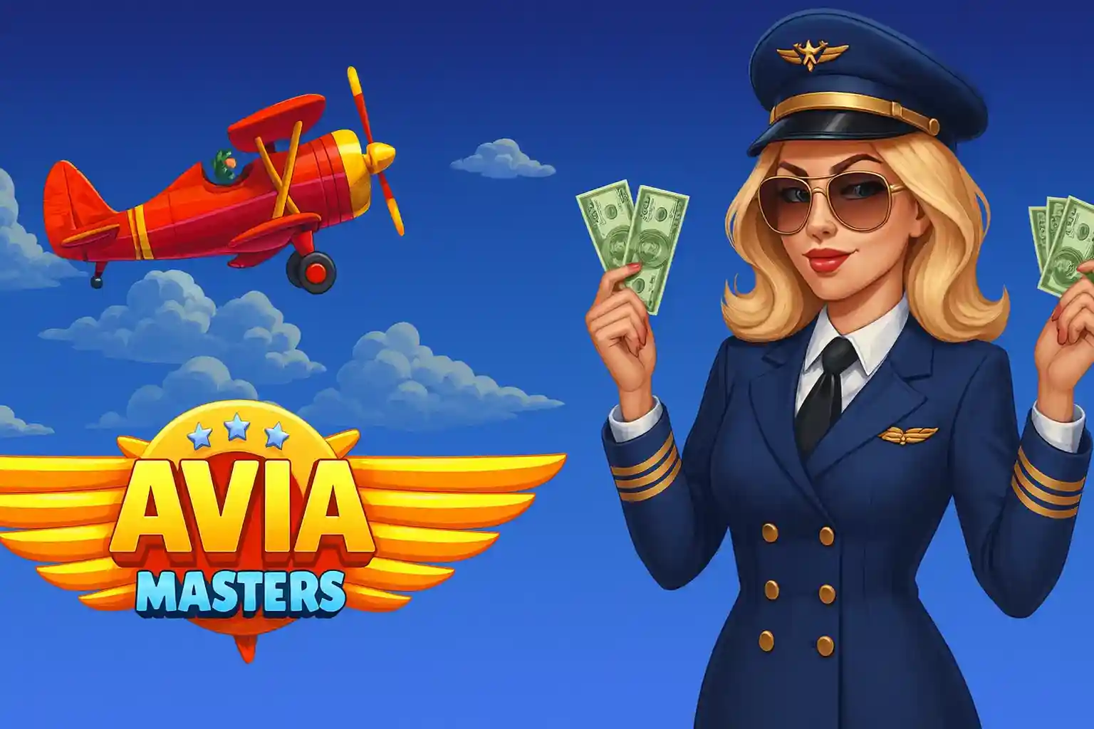 Female pilot holding money with Avia Masters plane in sky