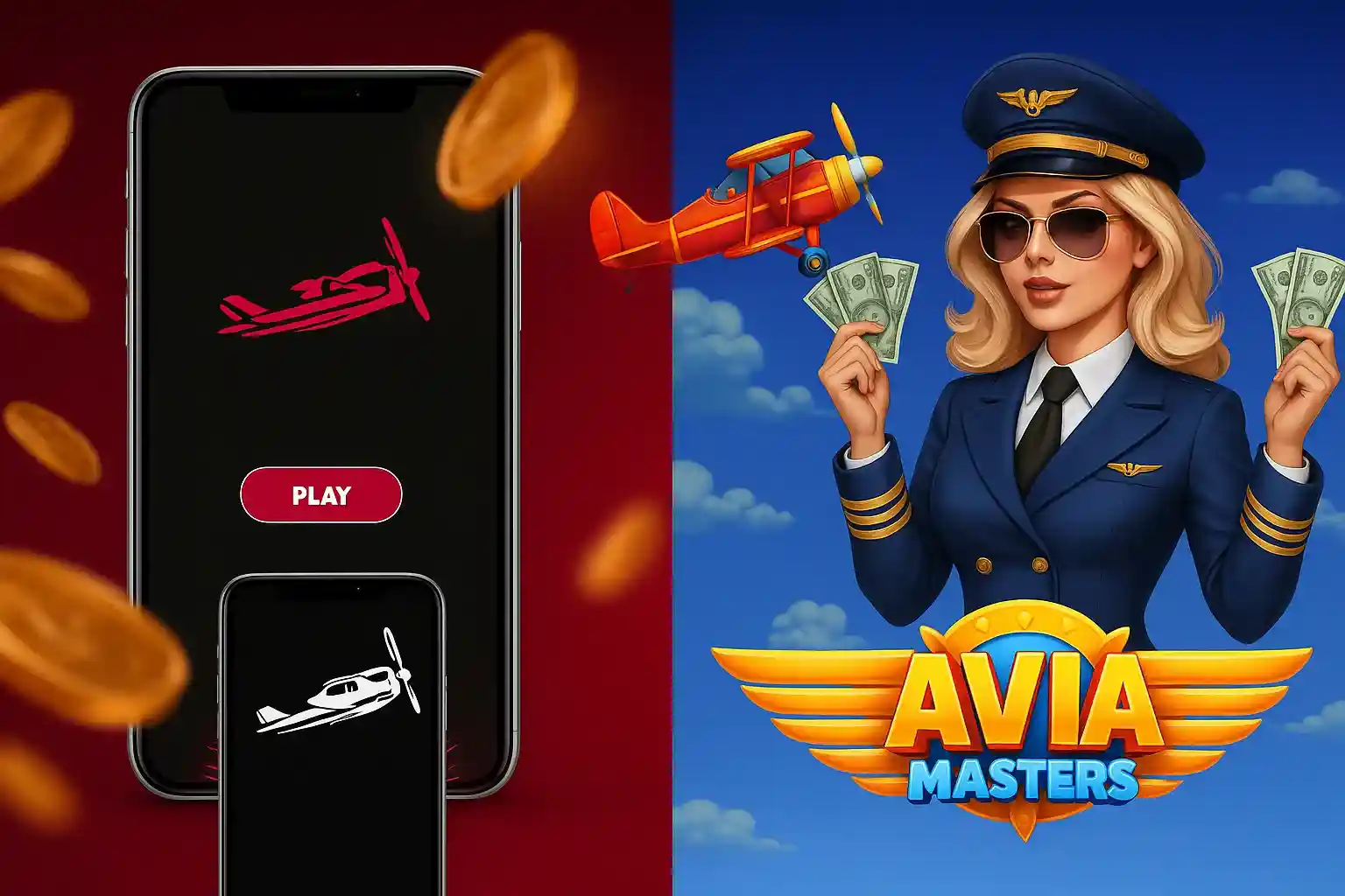 Avia Masters mobile game with pilot holding cash and airplane