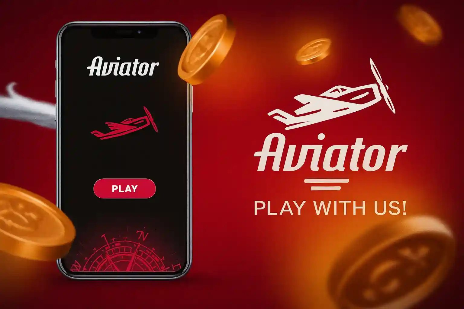 Aviator game on smartphone with flying coins and play button